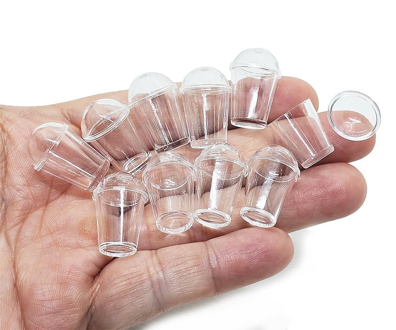 ChangThai Design Very Tiny Â½ Inch High Clear Plastic Cold Cups with Lids 10 Pieces Set - Miniature Tableware Cup Mug Tray Bowl Crockery Cutlery Kitchenware Handmade Mini Decorative Collectible Gifts - Image 1